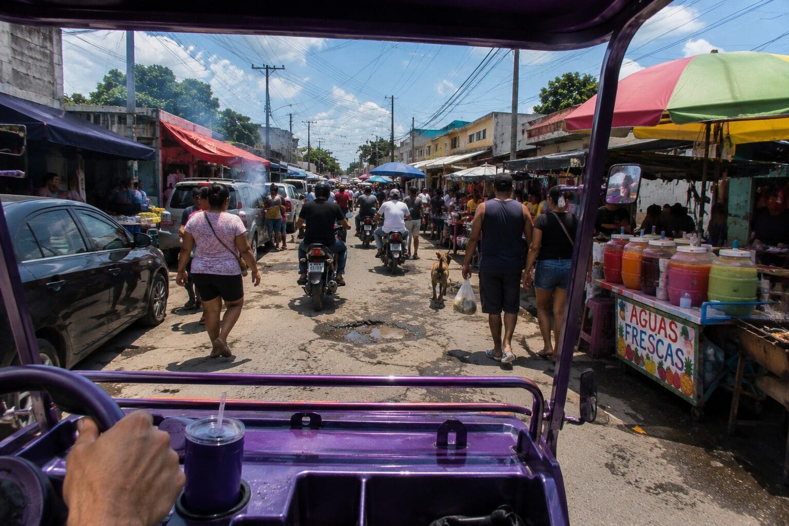 Perspective from drivers seat of a purple cart, driving in a super congested mexican pueblo street with market stalls