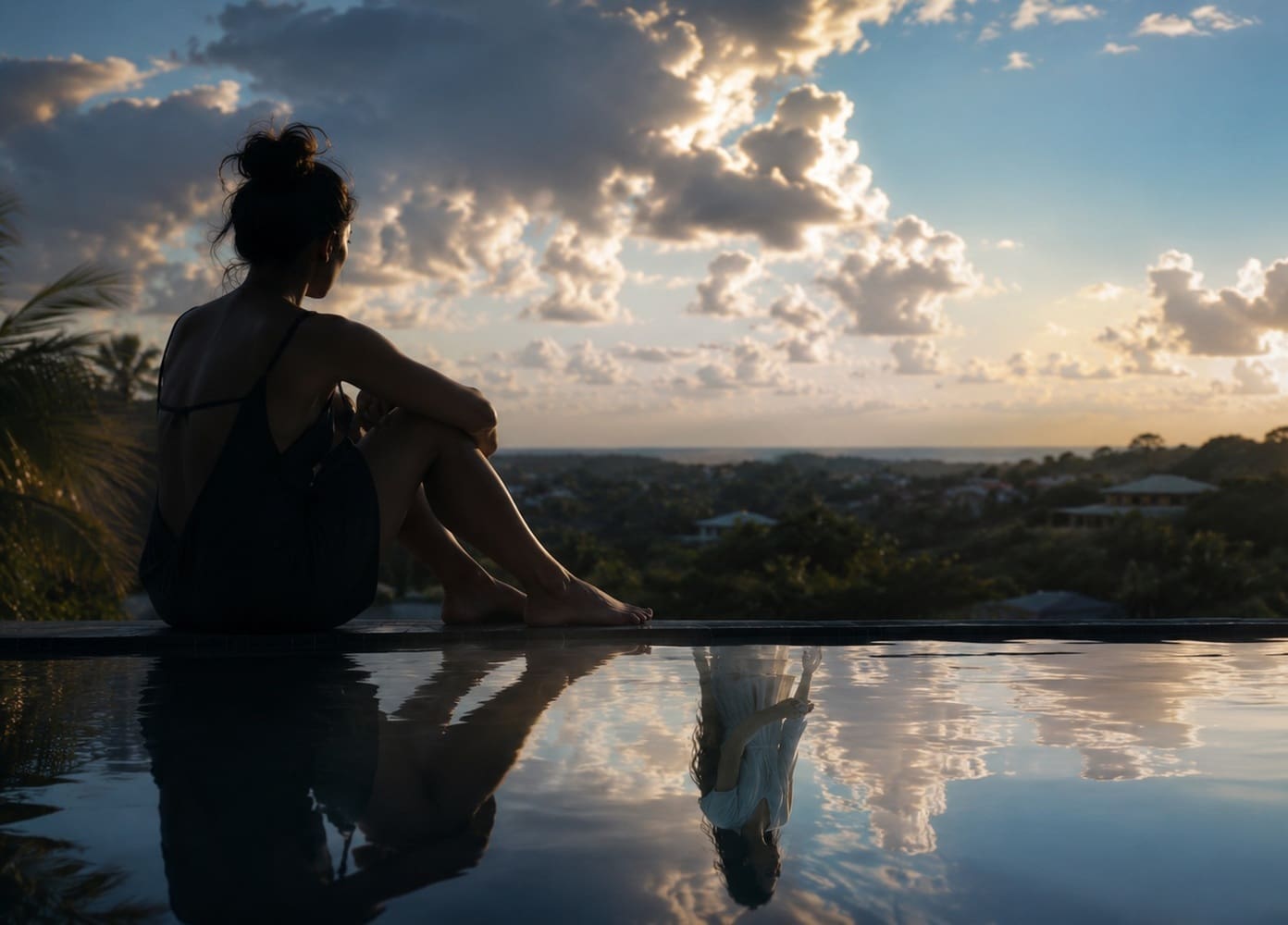 A women sitting on the edge of an infinity pool over looking the tropical horizon and a reflection of the women in the pool looks like the same women, but in a different outfit and happier