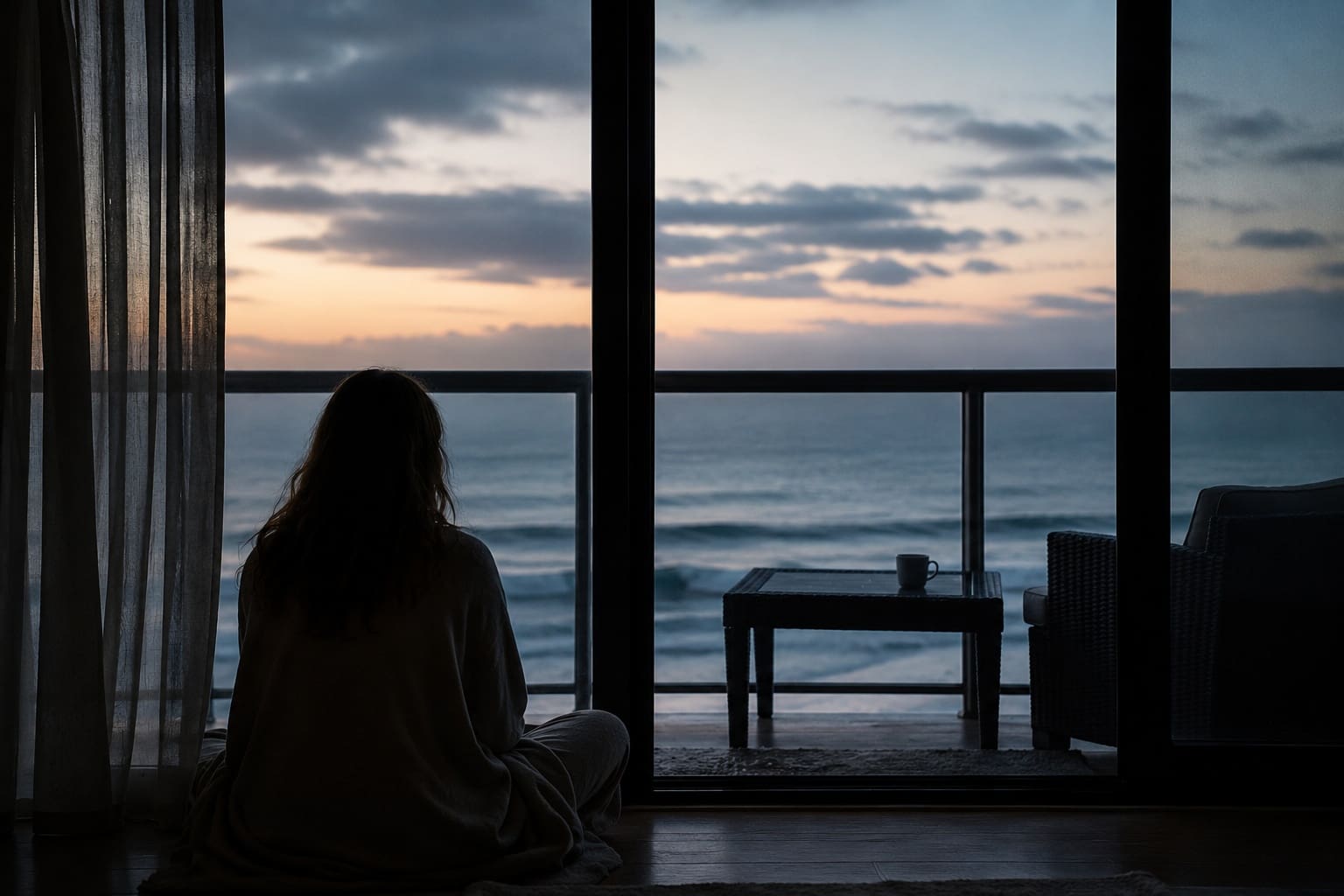 A women inside a house, looking outside through her patio windows. There is a chair and a coffee mug on a table, and the ocean at dusk