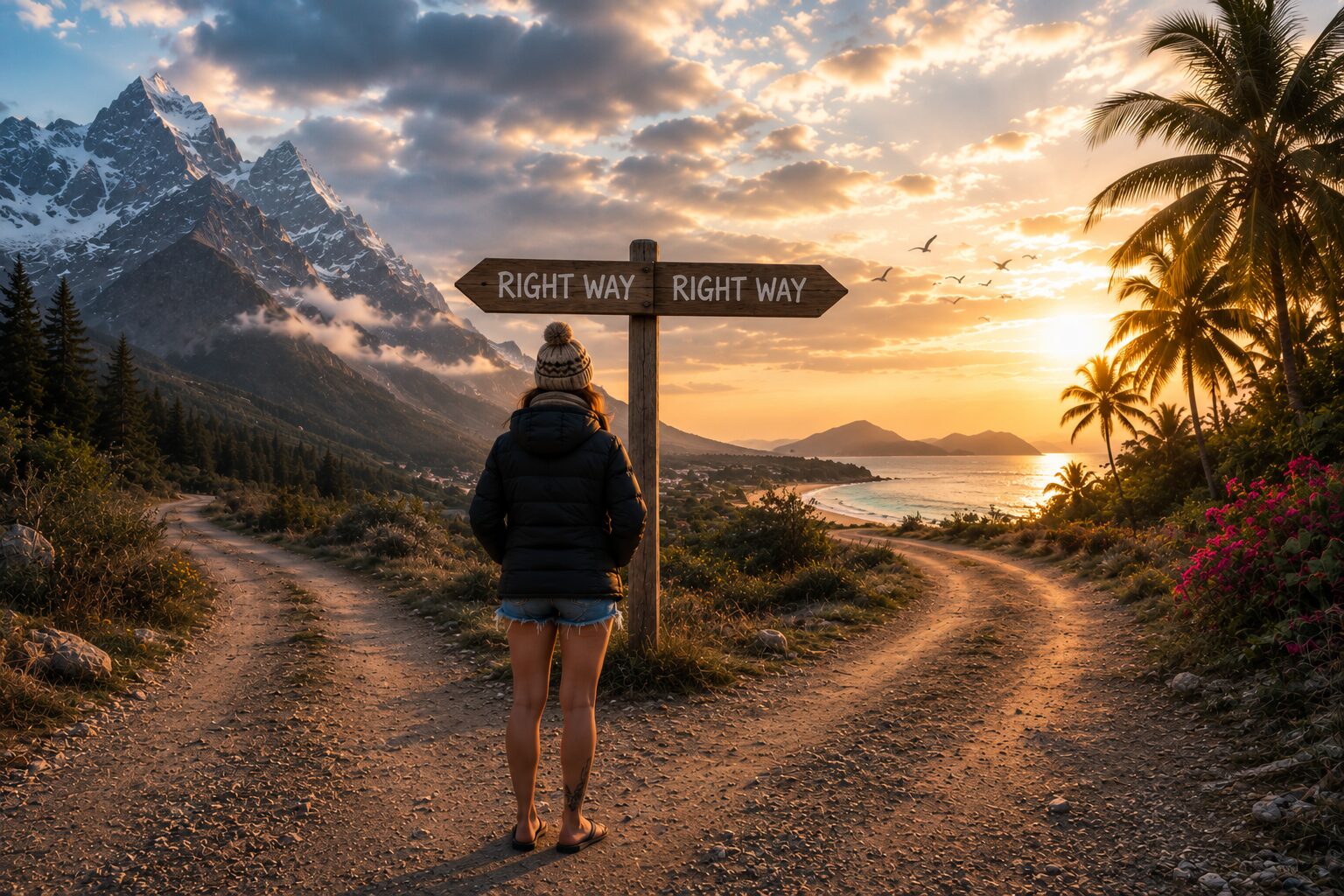 A woman in a winter hat and jacket, shorts, and flip flops stands at a fork between snowy mountains and a tropical coast. Both signs say “RIGHT WAY.”