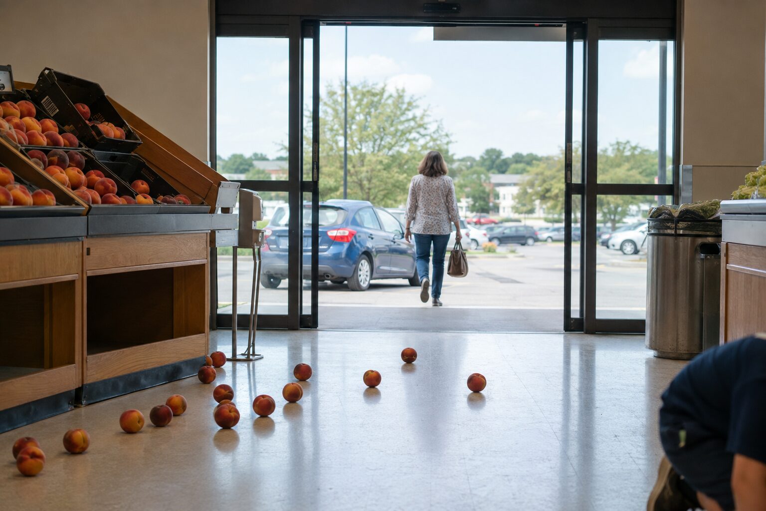 A woman seen from behind walks through open supermarket doors toward a bright parking lot and a blue hatchback while peaches lie scattered across the floor and an employee crouches at the edge of the frame.