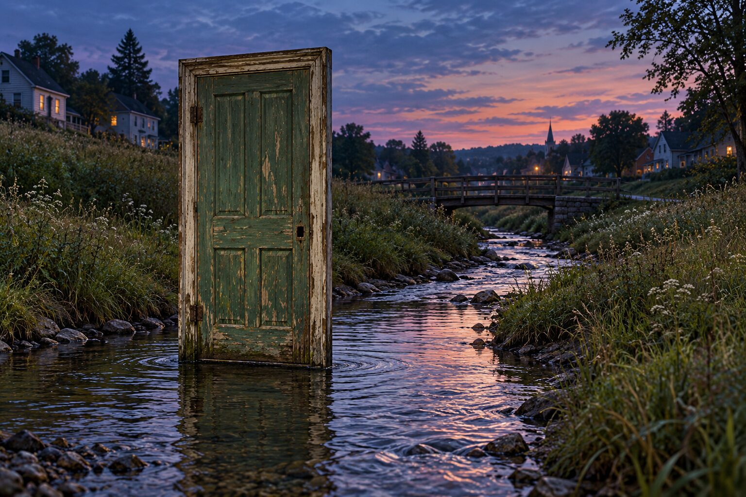 A weathered green door floats upright in a narrow stream at dusk, with a footbridge and houses in the background.